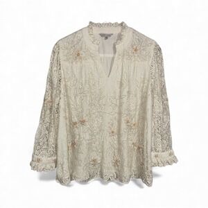 John Mark Lace Embellished V-Neck Blouse Women's Cream Beaded Floral‎ 3/4 Sleeve